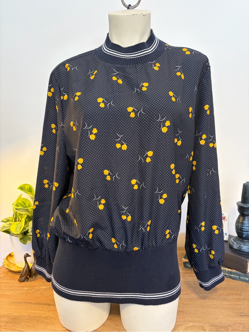 Spaner Navy Lemon Polka Dot Mock Neck Blouse Size L